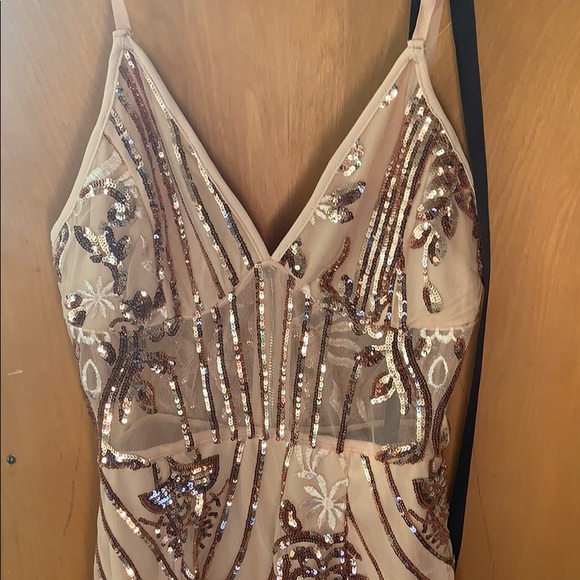 Rose Gold Strappy Sheer Panel Sequin Bodycon Dress - Picture 6 of 6